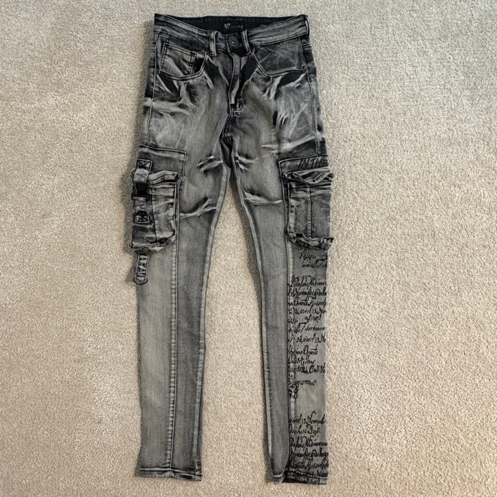 Waimea Cargo Jeans Slim Fit Acid Wash Moto Style Black Gray Mens Size 26x30‎